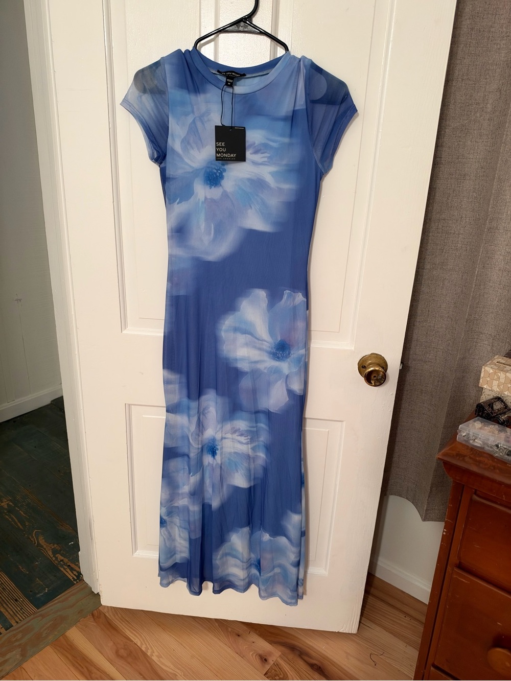 See You Monday Blue Floral Cap-Sleeve Maxi Dress